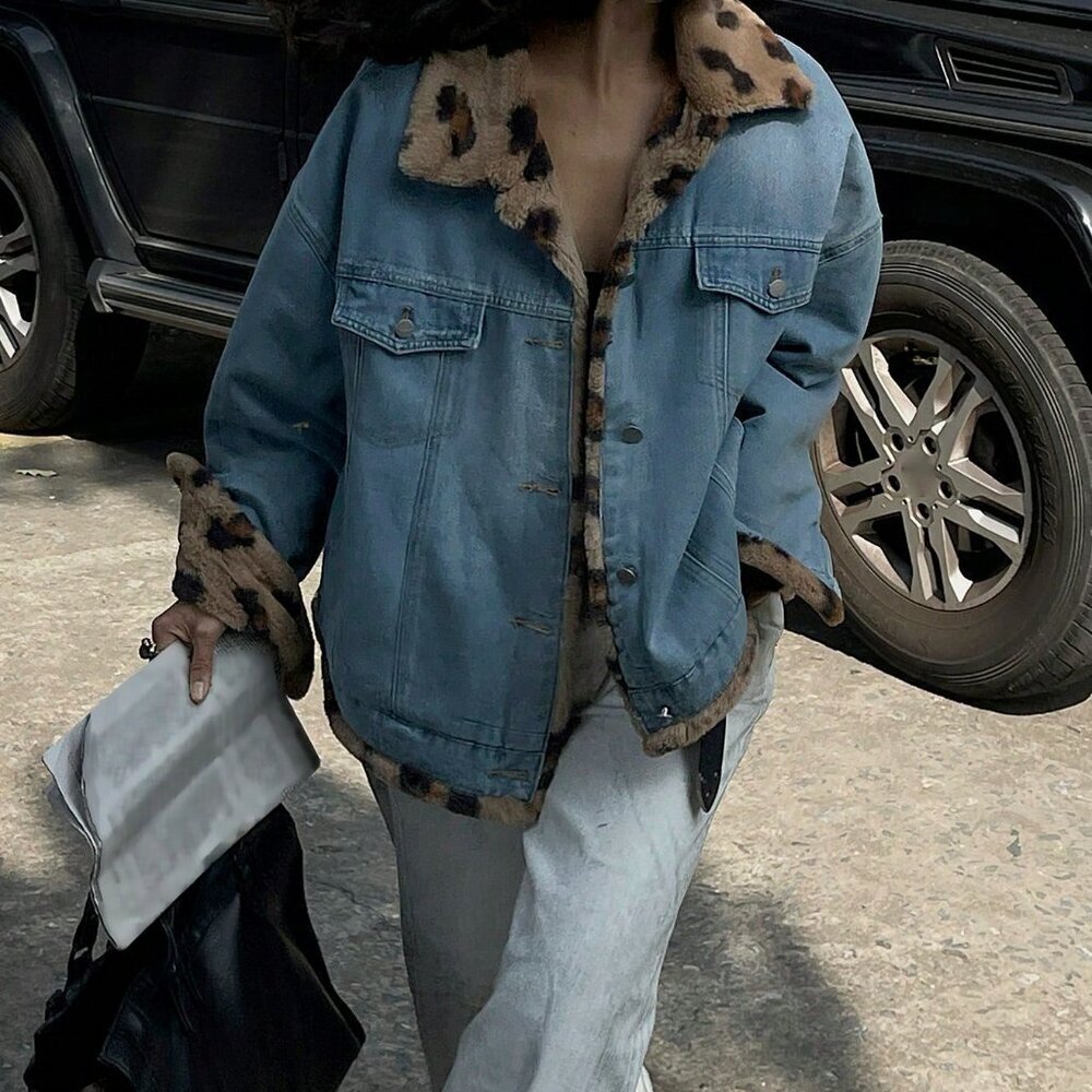 Blue Casual Women's Reversible Leopard Print Denim Jacket - Picture 2 of 6